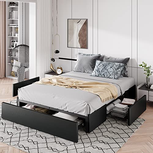 Allewie Full Size Platform Storage Bed Frame with 3 Drawers, Black