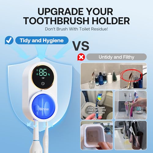 Bitvae Upgraded Tooth Brush Holder for Bathroom 2.0 Infrared Sensing | Toothbrush Cleaner, Wall-Mounted for Most Size Toothbrushes, Air Drying, LED Smart Screen, White Gold Trim