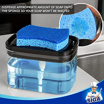 MR.SIGA Dish Soap Dispenser with Sponge Holder for Kitchen, Black | Dishwashing soap pump dispenser for sink, kitchen soap dispenser, dish sponge holder