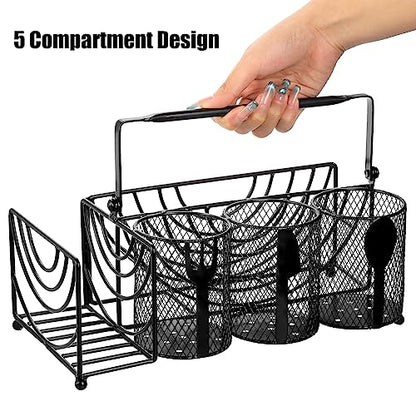 Metal Utensil Caddy with 5 Compartments, Black Mesh Silverware Caddy Organizer, Flatware Storage Holder for Napkins, Plates, Party, Camping, Picnic, Buffet, RV, BBQ, Kitchen, Countertop