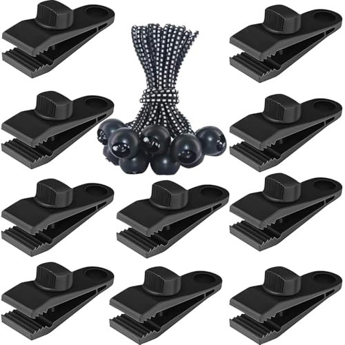 Tarp Clips Heavy Duty Lock Grip, 20 Pcs Tarp Clamps & Bungee Cords Set | Come with Storge Bag, Windproof Shark Tent Fastener Clip, Pool Cover Clip for Camping, Awning, Shade Cloth , Boat& Car Cover