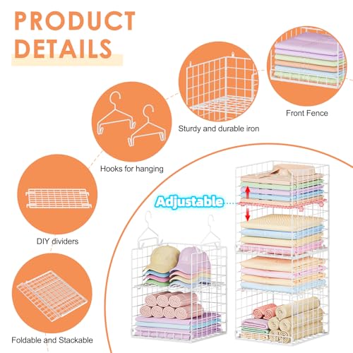 Yuyetuyo 6 Tier Raised-Height Hanging Closet Organizer, Stackable Sweater Organizer for Closet, Wire Storage Basket Bins for Clothes Purse Shoes, Hanging Shelves with 4 Hooks & 3 Dividers Adjustable