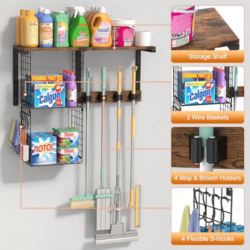 Housolution Wall Mount Broom Holder Laundry Room Storage Organizer Shelves | Thickened Metal Frame, 100 LBS High Load-Bearing, Large Capacity, Multifunctional with 2 Baskets, 4 Grippers & Hooks