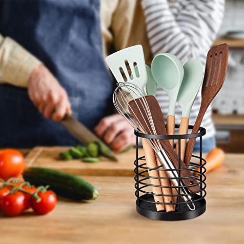 Utensil Holder for Kitchen Countertop,Metal Spatula Holder,Cooking Utensil Holder for Spoon,Wire Utensil Organizer,Stainless Steel Round Utensil Caddy Crock Flatware Storage Counter (Black)