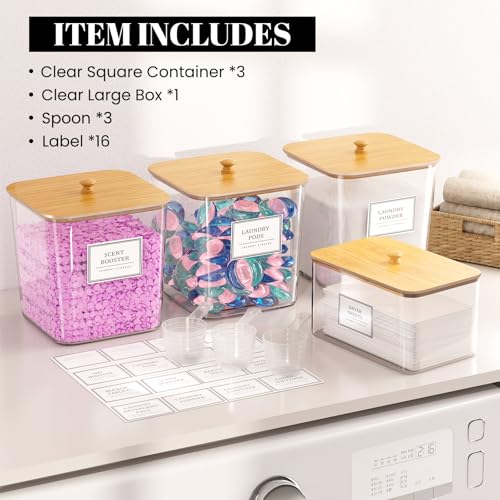 HomePekite Laundry Pods Storage Container, Clear Laundry Room Organization and Storage ,Detergent Powder Container,with Wooden Lids & Labels, 3+1 Pack