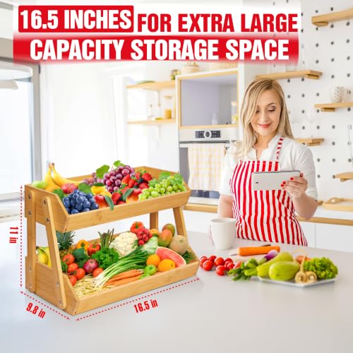 16.5" Fruit Stand Storage Holder 4 Sturdier Legs, 2-Tier Fruit Basket Bowl | Premium Produce Basket for Kitchen, Bamboo Fruit Bowl Holder for Fruit, Vegetables, Bread, Snacks, Countertop Organizer