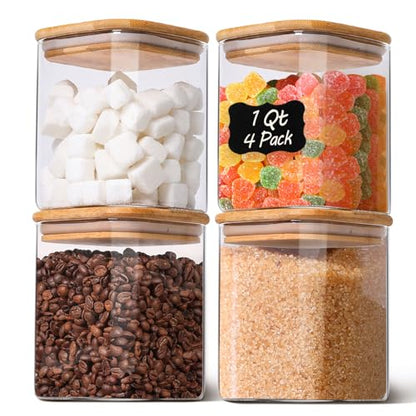 Glass Pantry Storage Containers with Bamboo Lids 1Qt 4 Pack Square | Pantry Organization, Coffee Beans Flour Sugar Pasta Cereal Dry Food Storage, Labels Included, Kitchen Organization
