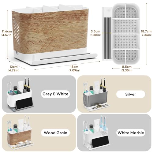 Bathroom Organizers and Storage 6 Slots Wood Grain Electric Toothbrush Holders with Phone Holder and Adjustable Dividers, Cord-Friendly Toothbrush Organizer with Drainage for Family, Kids