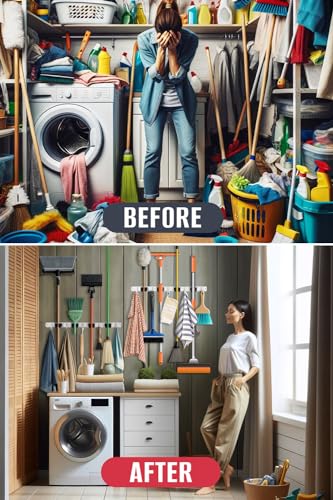 Mop and Broom Holder - Clear Cleaning Clutter and Reclaim Your Space | 5 Racks + 4 Hooks - Rust-Resistant Wall Organizer Holds Cleaning and Garden Tools Securely in Garages and Kitchens