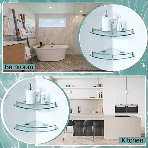 Crowye 8 Pcs Corner Shower Shelf 2-tier Glass Corner Shelf Stainless Steel Wall Mounted Bathroom Organizer for Storing Shower Gel Shampoo Brush, 9.25 Inches (Silver)
