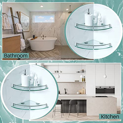 Crowye 8 Pcs Corner Shower Shelf 2-tier Glass Corner Shelf Stainless Steel Wall Mounted Bathroom Organizer for Storing Shower Gel Shampoo Brush, 9.25 Inches (Silver)
