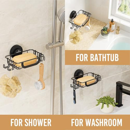 Bar Soap Holder for Shower with Hooks, Suction Cup Soap Dish Rustproof Stainless Steel for Bathroom Accessories, Sponge Saver Black