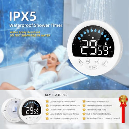 Waterproof Shower Timer for Bathroom Kitchen with Countdown Count-up, White | Large LED Display, 3 Brightness, 4 Volume, Battery Powered, Suction Cup Mounted Digital Stopwatch for Toilet Classroom