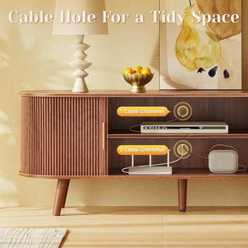 54 Inch Fluted TV Stand for TVs up to 55 Inch, TV Media Console with Power Outlets and USB-C Port, Entertainment Center with Storage, Curved Sliding Doors, Adjustable Shelf, Brown