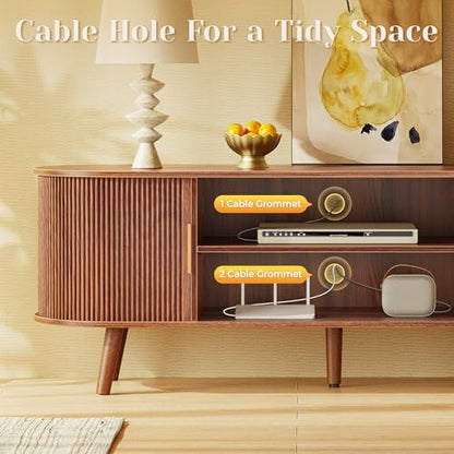 54 Inch Fluted TV Stand for TVs up to 55 Inch, TV Media Console with Power Outlets and USB-C Port, Entertainment Center with Storage, Curved Sliding Doors, Adjustable Shelf, Brown
