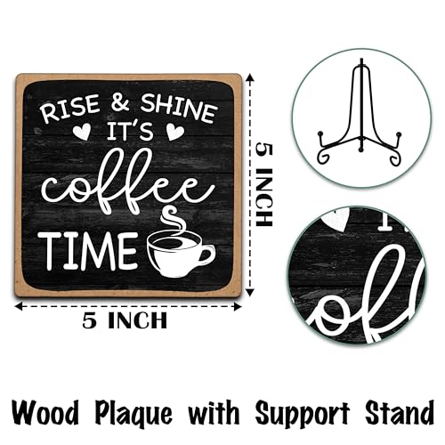 Farmhouse Coffee Bar Sign, Rise & Shine It's Coffee Time | 5"x5" Wood Plaque with Stand Gift for Home Kitchen Tabletop Decor | B09