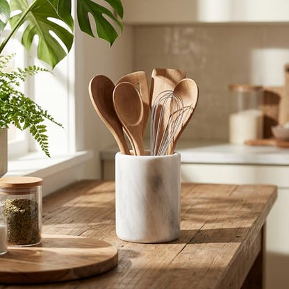 Radicaln Marble Utensil Holder Kitchen Counter, 6.5 Inch Spoon Crock | Handmade White Stone, Utensil Caddy & Crock, Countertop Organizer, Kitchen Decor, Spoon Holder, Non Slip Base, Gift Ready