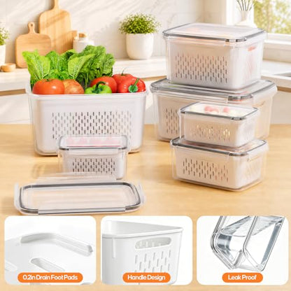 Fruit Storage Containers for Fridge with Removable Colander, 6 Pack