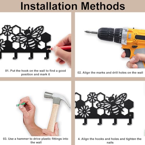 MAYJOYDIY Bee Beehive Metal Key Hook Honey Bee Flowers Coat Rack Wall Mounted 9.8×4.7inch Honeycomb Insect Black Art Key Holder with 5 Hooks for Gift Kitchen Bathroom Clothes Storage