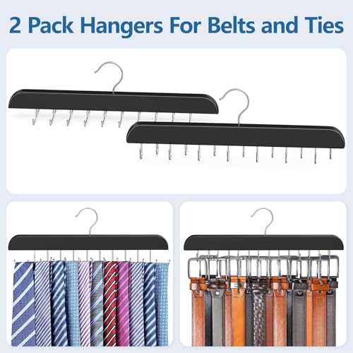 2 Pack Tie Rack & Belt Hanger for Closet Organization, Wooden Tie Organizer | Space Saving 2 in 1 Tie Hanger Max 42 Belts & 60 Ties Capacity, Premium Tie Belt Holder for Closet Organizers and Storage