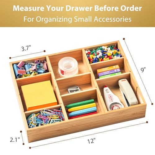 Bamboo Desk Drawer Organizer, Wood Junk Organizer Tray with Adjustable Dividers, Anti-Skip Storage Organization in Office Bathroom Drawer for Vanity, Makeup, 12" x 9"