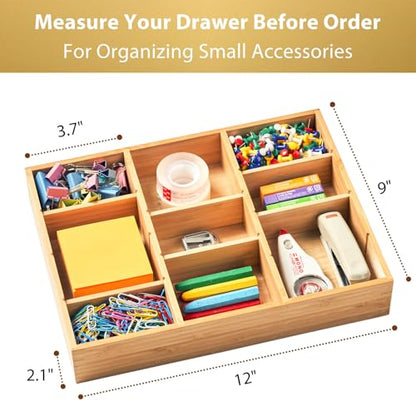Bamboo Desk Drawer Organizer, Wood Junk Organizer Tray with Adjustable Dividers, Anti-Skip Storage Organization in Office Bathroom Drawer for Vanity, Makeup, 12" x 9"