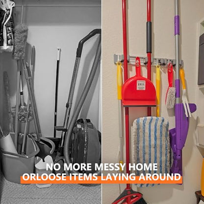 Broom Holder Wall Mount Mop Hanger Tools organizer 5Racks 4Hooks | Adjustable Mop Broom Wall Hanging Heavy duty Tools Storage Rack Space-saving for Garage,Kitchen,Laundry Room,Garden, Silver