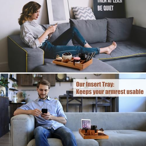 Nnewvante Couch Tray Insert with Cup Holder,2-in-1 Insert & Flat Sofa Organizer Acacia Wood with 2 Cup Holders,Fits Middle Couch or Ottomans,for Snacks, Drinks, Remotes,15.35x9.84-inch