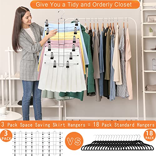 3 Pack Pants-Hangers-Space-Saving, 6 Tier-Closet-Organizers-and-Storage | Skirt Hangers with Clips, Closet-Organizer-Clothes-Organization Jeans Scarf Hangers,College-Dorm-Room-Essentials Decor