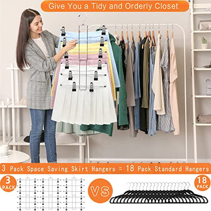 3 Pack Pants-Hangers-Space-Saving, 6 Tier-Closet-Organizers-and-Storage | Skirt Hangers with Clips, Closet-Organizer-Clothes-Organization Jeans Scarf Hangers,College-Dorm-Room-Essentials Decor