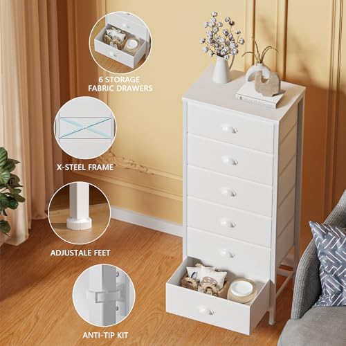 White Dresser for Bedroom, 6 Fabric Drawers Chest of Drawers | Tall Skinny Dresser for Closet, Vertical Storage Tower Unit, Tall Nightstand for Dorm, Living Room, Metal Frame, Wooden Top