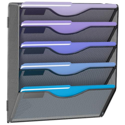 5 Tier Hanging Wall File Organizer, Mesh Mail Paper Orgnization Hanging File Folder Holder for Home Office, Black