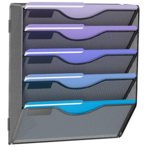 5 Tier Hanging Wall File Organizer, Mesh Mail Paper Orgnization Hanging File Folder Holder for Home Office, Black