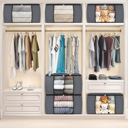 6 Pack Storage Bags for Clothes Blanket Storage Bins with Lids | Foldable Closet Organizers with Zippers,Window and Handles,Fabric Storage Bins for Sweater,Comforter,Bedding,Dorm essentials