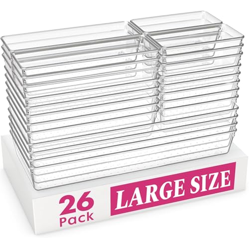 Large Drawer Organizer Bins 26 Pack | Complete 5 Size Clear Plastic Kitchen Drawer Organizers for Utensils | Bathroom Drawer Organizer Trays | Versatile for Makeup Office Organization