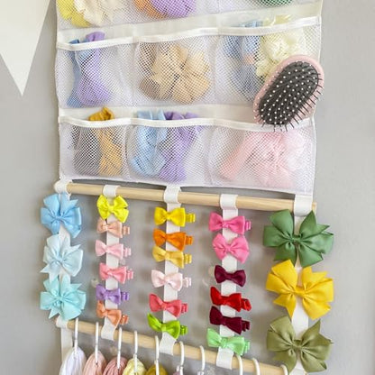 Headband Holder Hair Bows Organizer for Girls, Large Capacity Bow Holder, Pre-Assembled Hair Accessories Wall Hanging Organizer for Toddler Baby Girl Nursery Room Décor