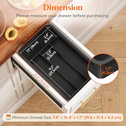 Lifewit Silverware Drawer Organizer Tray, Plastic Cutlery Storage for Kitchen, Flatware and Utensil Holder Divider for Spoons Forks Knives Tableware, 7.8 x 12.4", 4 Slots, Black