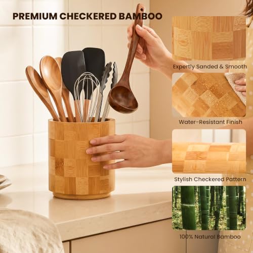 360° Rotating Checkered Bamboo Utensil Holder for Countertop | 6.5" Large Capacity, Kitchen Utensil Crock Organizer for Spatulas & Spoons