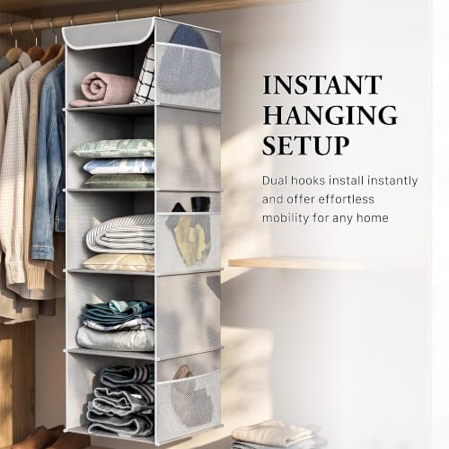 Simple Houseware 5 Shelf Hanging Closet Organizer, Gray | 360° Rotating Dual Hooks, Top Support Metal Frame, 6 Side Mesh Pockets