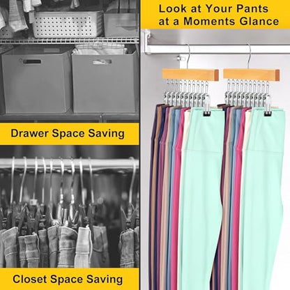 Legging Organizer for Closet, Pants Hangers with Clips Holds 20 Leggings, Jeans, Hats, Shorts, Socks, 360° Rotating Space Saving Hanging Clothes Organizer for Closet Organizers and Storage 4Pcs Wood