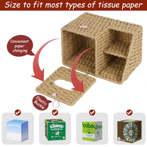 Tissue Box Cover with Storage, Wicker Paper Rope Square Tissue Box Holder | Tissue Remote Control Holder,Handwoven Decorative Cube Tissue Box Organizer for Bedroom Nightstand End Table,Natural