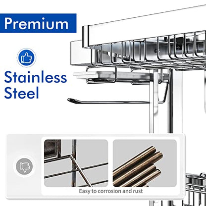 LIVOD Over The Sink Dish Drainer Drying Rack, 2 Tier Full Stainless Steel Storage Adjustable Length Kitchen Rack, Multifunctional Expandable Counter Organizer, Space Saver Dish Rack