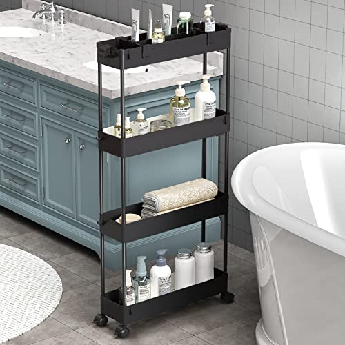 Slim Storage Cart 4 Tier,Bathroom Organizer Rolling Utility,Mobile Shelving Unit Slide Out for Office, Kitchen, Laundry Room & Narrow Places,Black