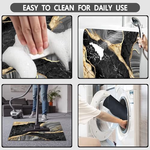 MUGINYU Black and Gold Rug for Bathroom Decor,Black and Gold Bathroom Rugs Sets 3 Piece,Marble Decor Thin Rubber Diatomaceous Earth Quick Dry Rugs with U-Shaped Contour Toilet Mat