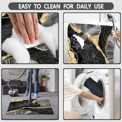 MUGINYU Black and Gold Rug for Bathroom Decor,Black and Gold Bathroom Rugs Sets 3 Piece,Marble Decor Thin Rubber Diatomaceous Earth Quick Dry Rugs with U-Shaped Contour Toilet Mat