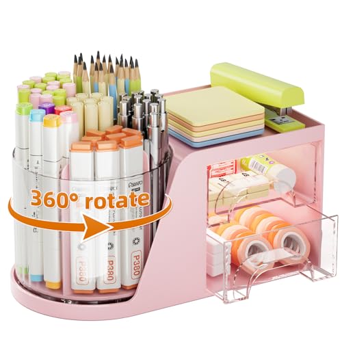 Desk Organizer with 2 Drawer, 360°Rotating Pen Hol... (Pink | Plastic)
