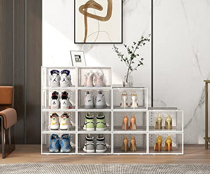 XXL 12 Pack Shoe Storage Box Clear Plastic Stackable Shoe Organizer | Large Capacity for Size 14, 6.8” Height for High Shoes, Ventilation Holes, Sneaker Storage for Sneakerheads, Closet Entryway