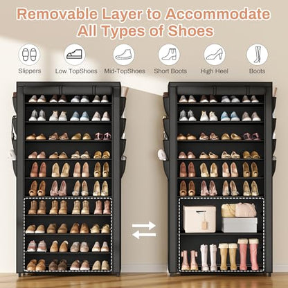 VTRIN Tall Shoe Rack with Cover, 10 Tier Shoe Organizer Storage for 50-55 Pairs Shoes and Boots Large Capacity Shoe Shelf with 8 Pockets Free Standing Shoe Rack for Closet, Entryway, Garage