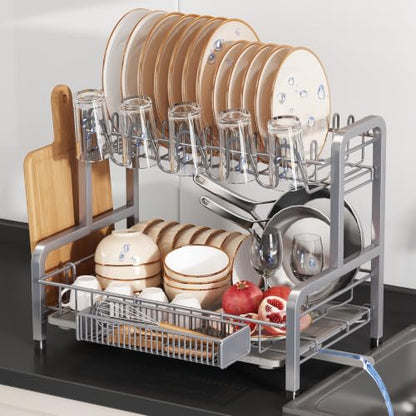 2 Tier Large Stainless Steel Dish Drying Rack for Kitchen Counter | Large Stainless Steel Dish Drain, Space Saving, Big Modern Silver Countertop Metal Plates Dryer Strainer and Extra Tray