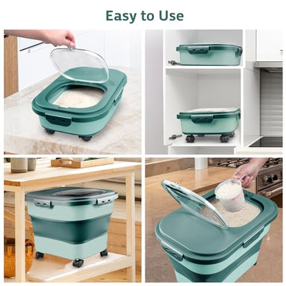 Rice Storage Containers, Collapsible 20 to 30Lbs Food Storage Bin Dispenser with Rolling Wheel and Clear Airtight Lid, BPA Free Flour, Sugar, Cereal and Dog Cat Pet food Containers